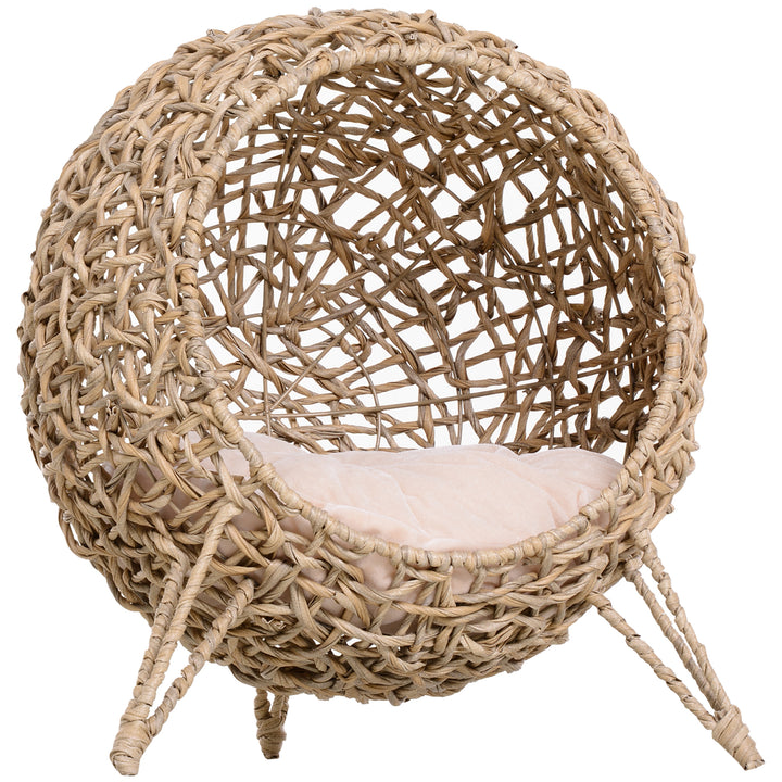 PawHut Cat Hammock Rattan Cat House Ball-Shaped Cat Bed with Hand-Woven PE, Cushion & Three-Legged Base, Natural Wood Finish | Aosom UK