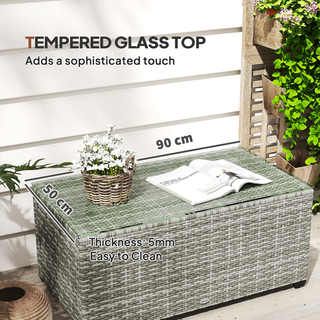 90 x 50cm Glass-Top Rattan Side Table - Light Grey