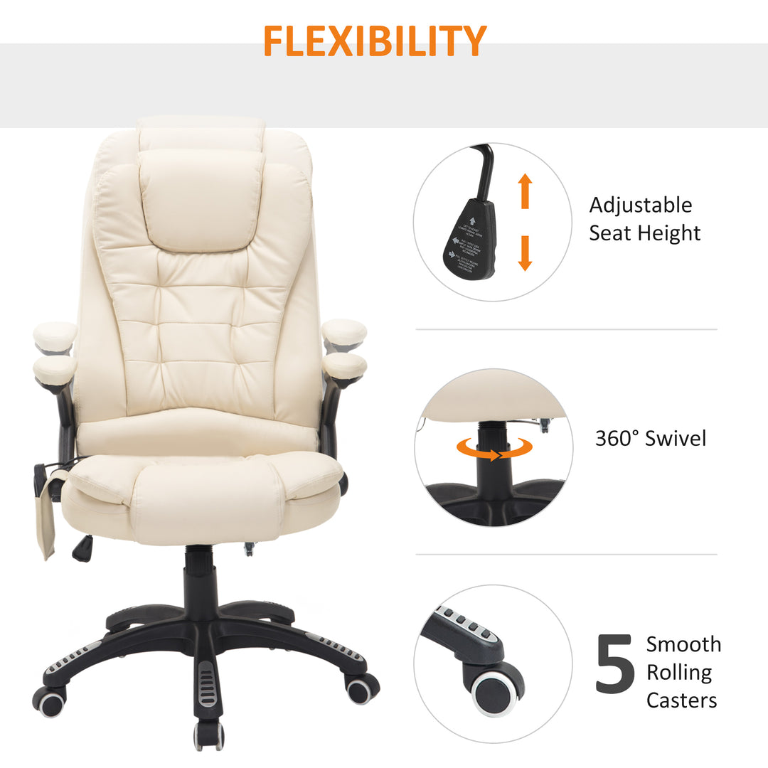6-Point Massage Office Chair with Seat Heated for Home Office, PU Leather High Back Executive Desk Chair with Adjustable Height and 360° Swivel for Work Study, Beige