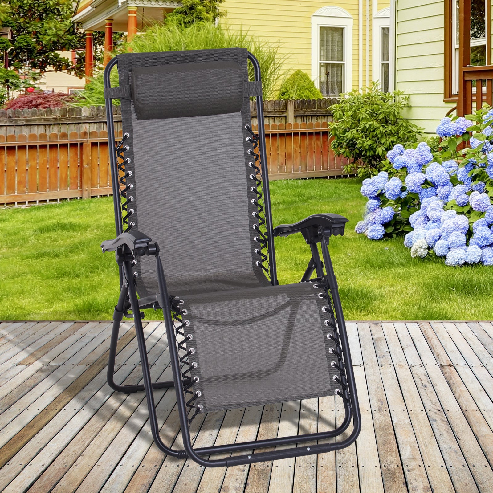 Zero Gravity Chair Metal Frame Texteline Armchair Outdoor Folding and Reclining Sun Lounger with Head Pillow for Patio Decking Gardens Camping, Grey