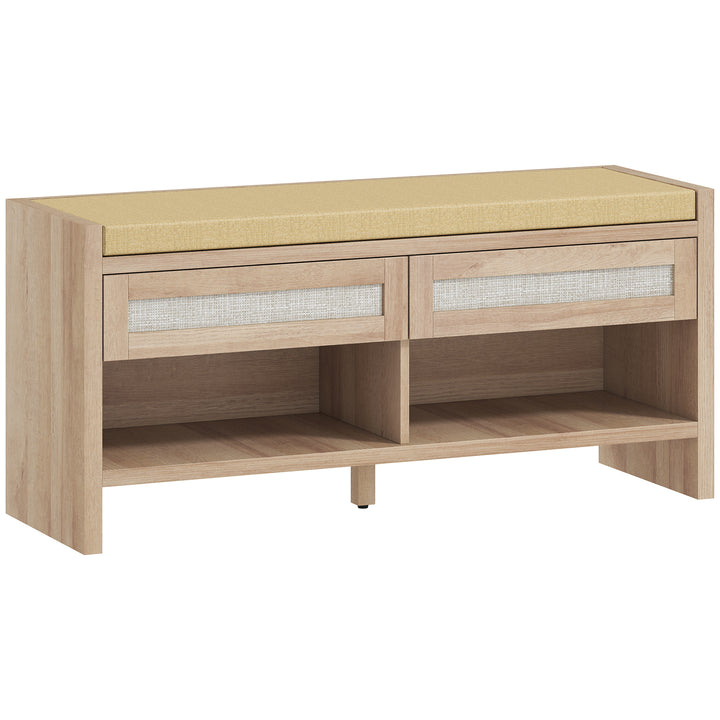 Boho Shoe Bench with 2 Rattan Drawers, Shoe Storage Bench with Cushion