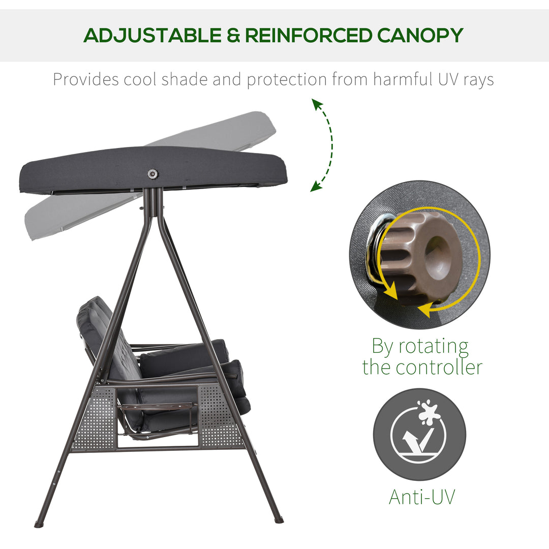 3 Seater Garden Swing Chair Outdoor Hammock Bench w/ Adjustable Canopy, Cushions and Cup Trays, Brown Steel Frame, Dark Grey Fabric