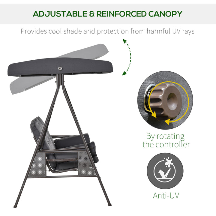 3 Seater Garden Swing Chair Outdoor Hammock Bench w/ Adjustable Canopy, Cushions and Cup Trays, Brown Steel Frame, Dark Grey Fabric