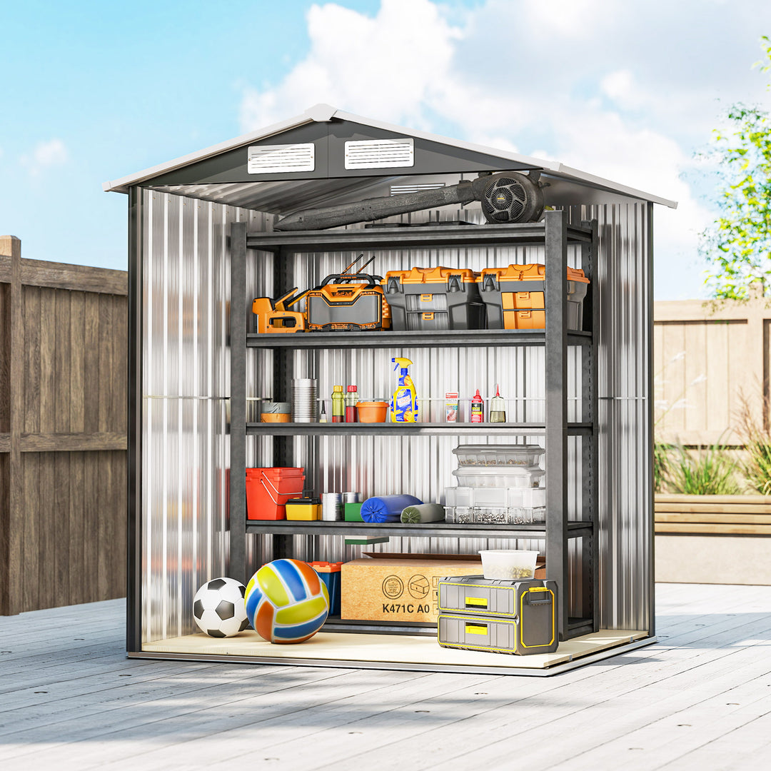 MCL Garden Metal Tool Storage Shed with Sliding Door, Sloped Roof and Foundation Kit, 152 x 132 x 188cm, Grey