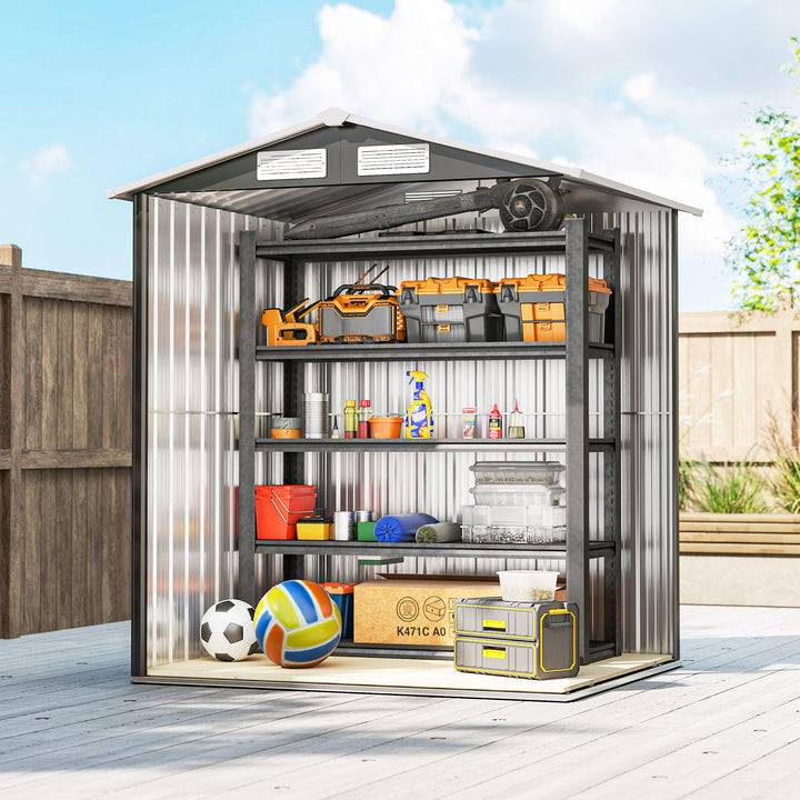 MCL Garden Metal Tool Storage Shed with Sliding Door, Sloped Roof and Foundation Kit, 152 x 132 x 188cm, Grey