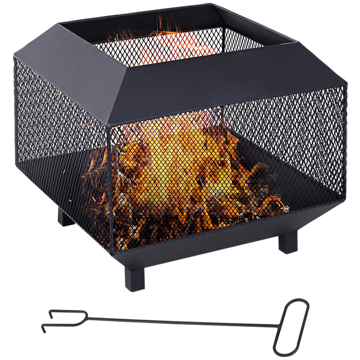 MCL Metal Square Fire Pit Outdoor Mesh Firepit Brazier w/ Lid, Log Grate, Poker for Backyard, Camping, Bonfire, Wood Burning Stove, 44 x 44 x 40cm, Black