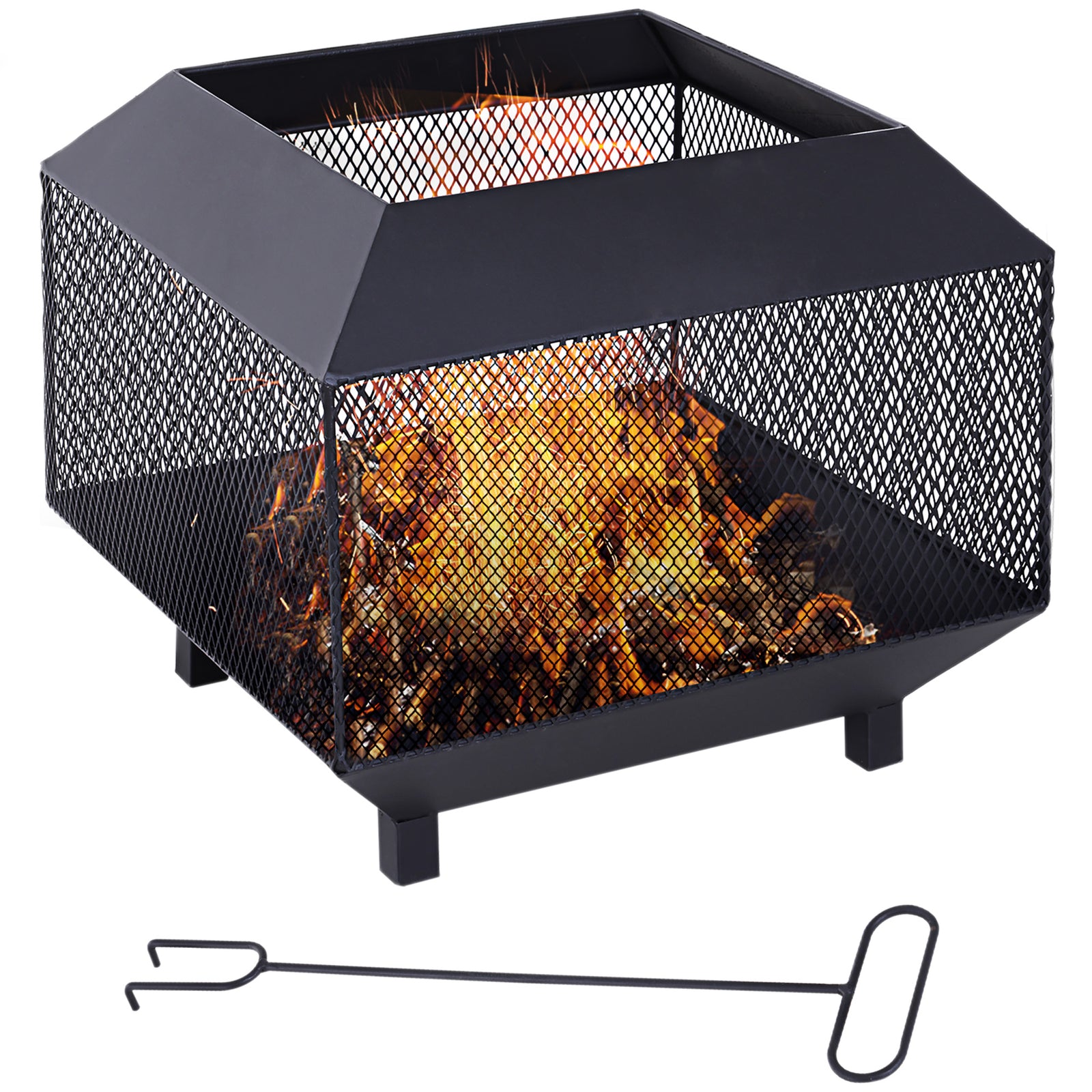 Metal Square Fire Pit Outdoor Mesh Firepit Brazier w/ Lid, Log Grate, Poker for Backyard, Camping, Bonfire, Wood Burning Stove, 44 x 44 x 40cm, Black