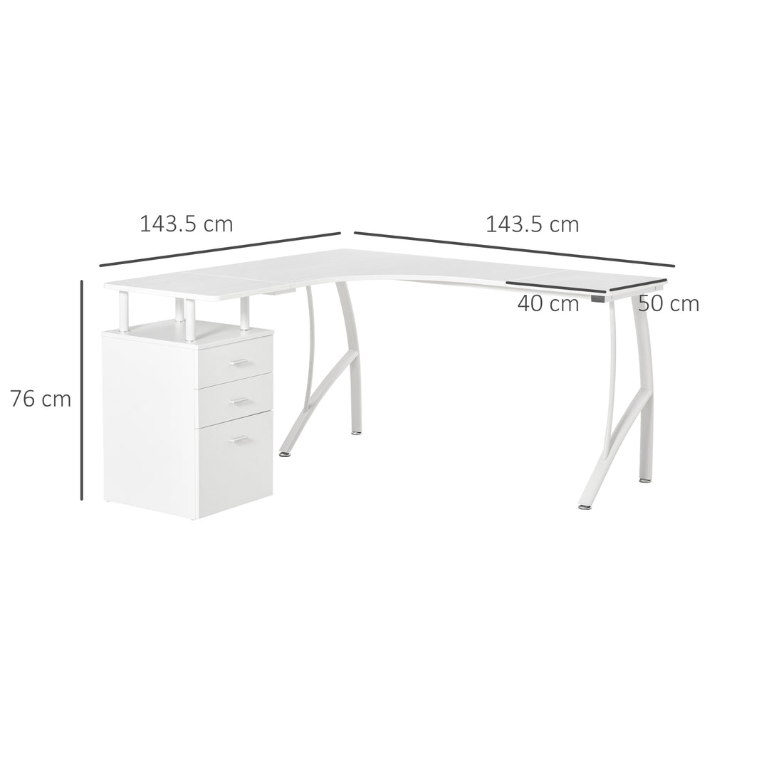L-Shaped Computer Desk Table with Storage Drawer, Home Office Desk Corner Industrial Style Workstation for A4 Files 143.5 x 143.5 x 76cm, White