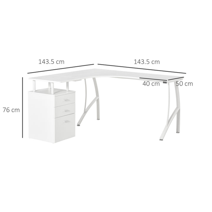 L-Shaped Computer Desk Table with Storage Drawer, Home Office Desk Corner Industrial Style Workstation for A4 Files 143.5 x 143.5 x 76cm, White