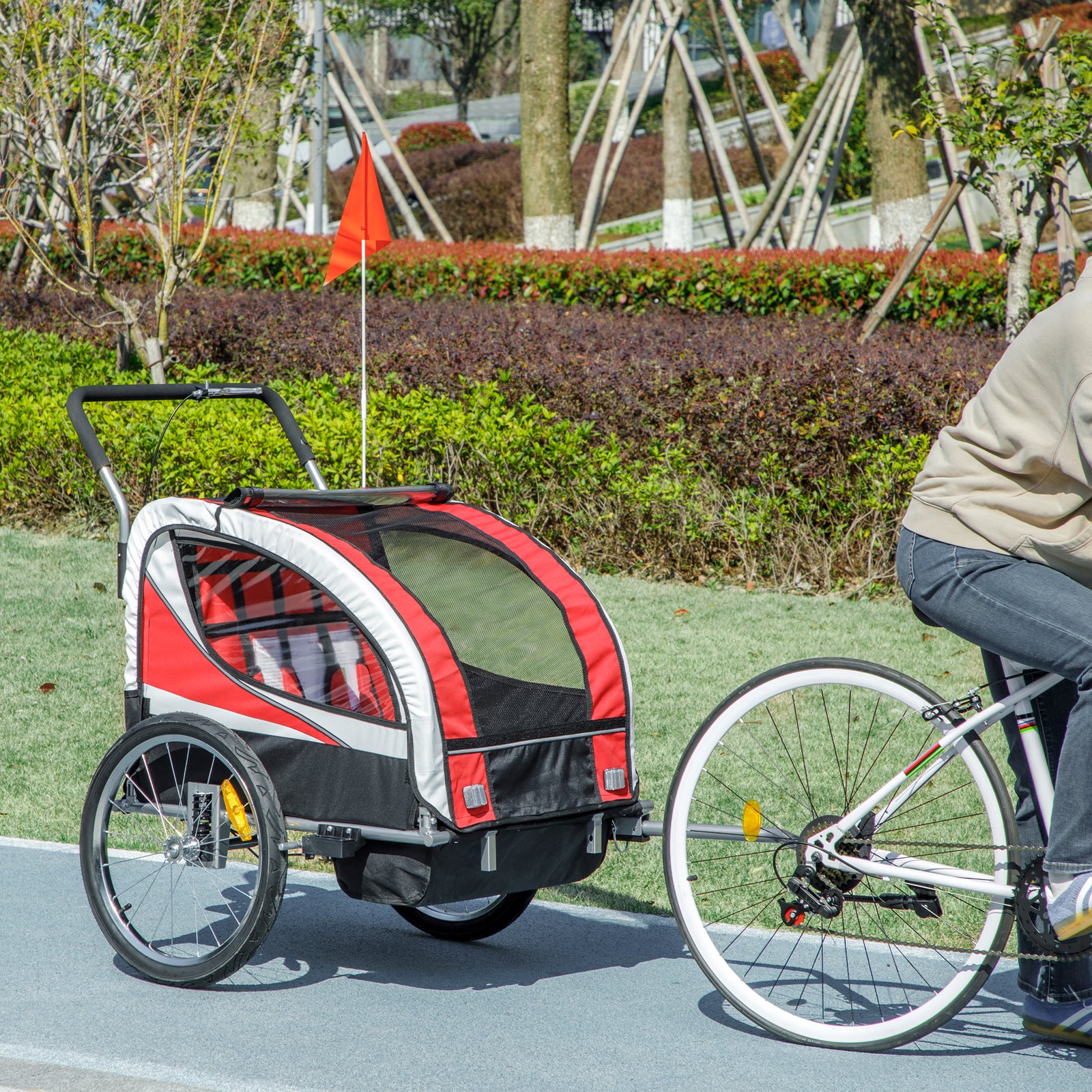 Baby Bike Trailer, Child Bicycle Trailer with 5 Point Harness, Steel Frame, Reflectors, Safety Flag, Hitch Coupler, Red