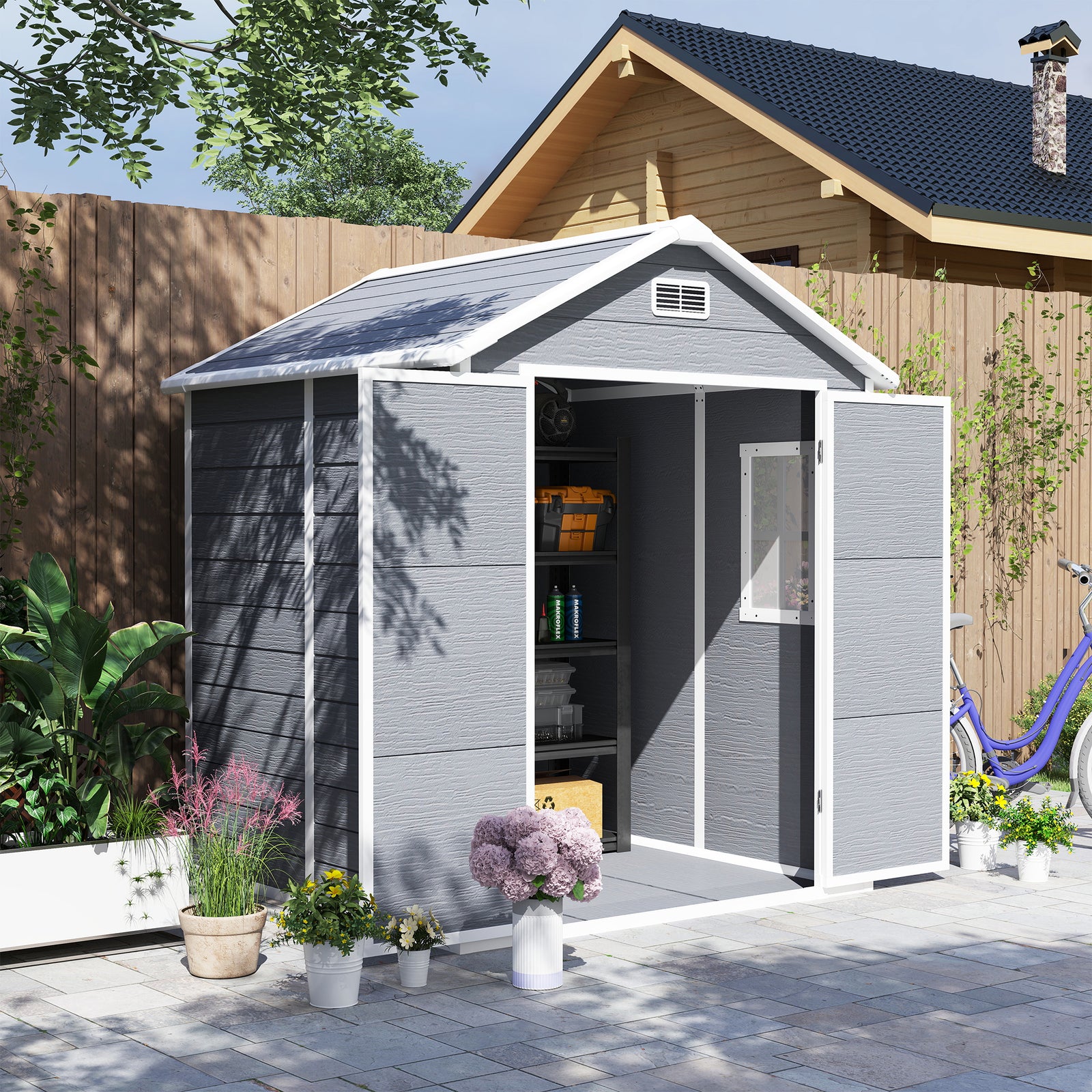 6 x 5ft Garden Shed, Plastic Shed with Floor, Window, Lockable Doors and Vents, Wood Effect Resin Tool Shed for Outdoor Patio, Dark Grey
