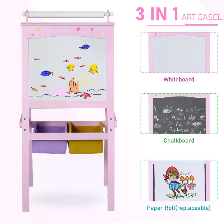 HOMCOM 3 In 1 Kids Wooden Art Easel w/ Paper Roll Double-Sided Chalkboard & Whiteboard w/ Storage Baskets Gift for Kidsl Age 3 Years+ Pink | Aosom UK