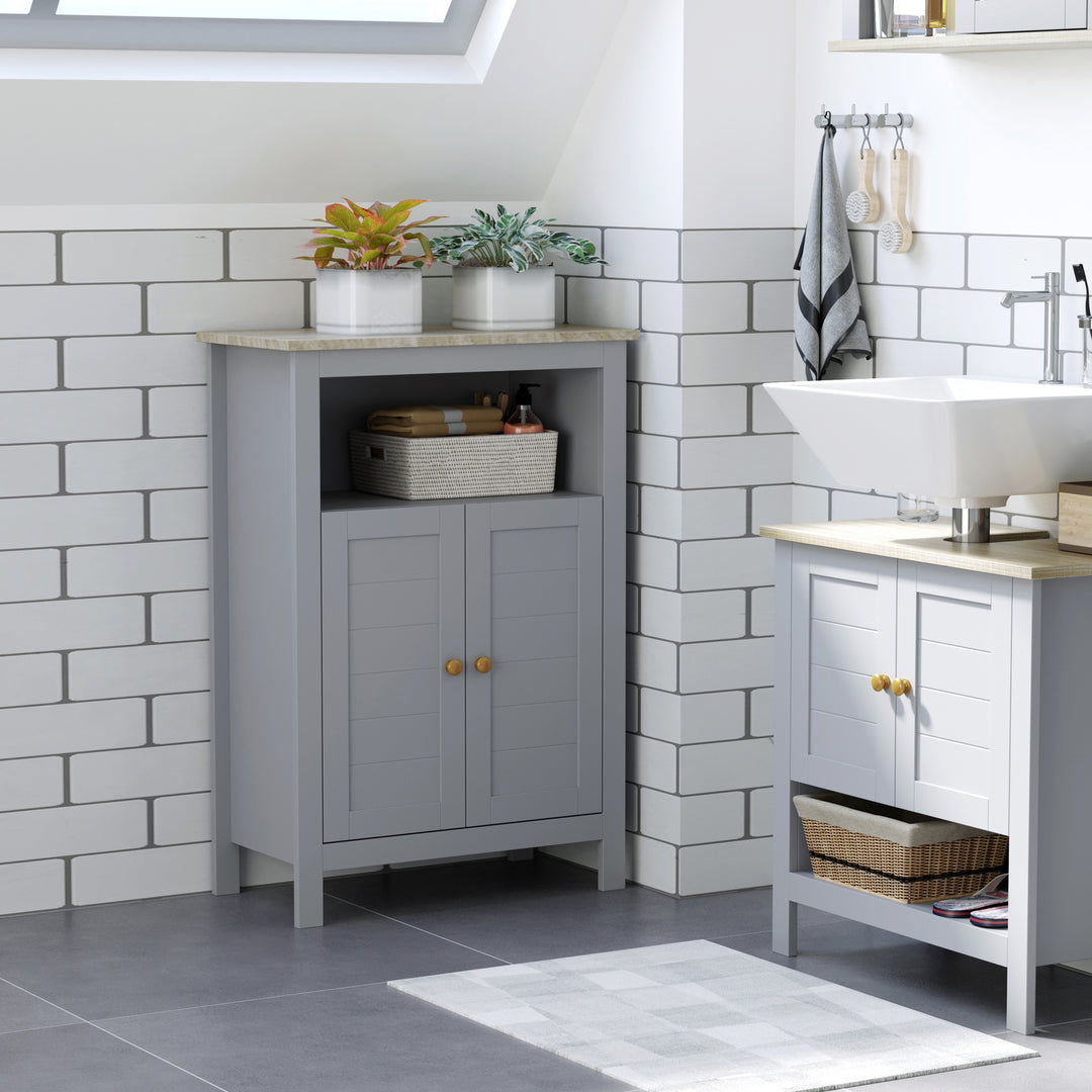 Bathroom Floor Cabinet, Free Standing Cupboard with Double Doors and Adjustable Shelf for Kitchen, Hallway, Living Room, Grey