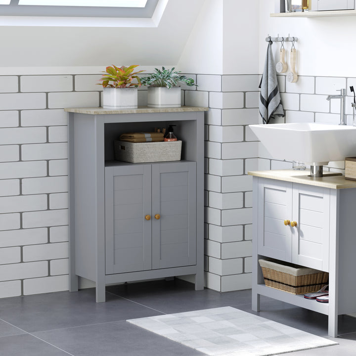 Bathroom Floor Cabinet, Free Standing Cupboard with Double Doors and Adjustable Shelf for Kitchen, Hallway, Living Room, Grey