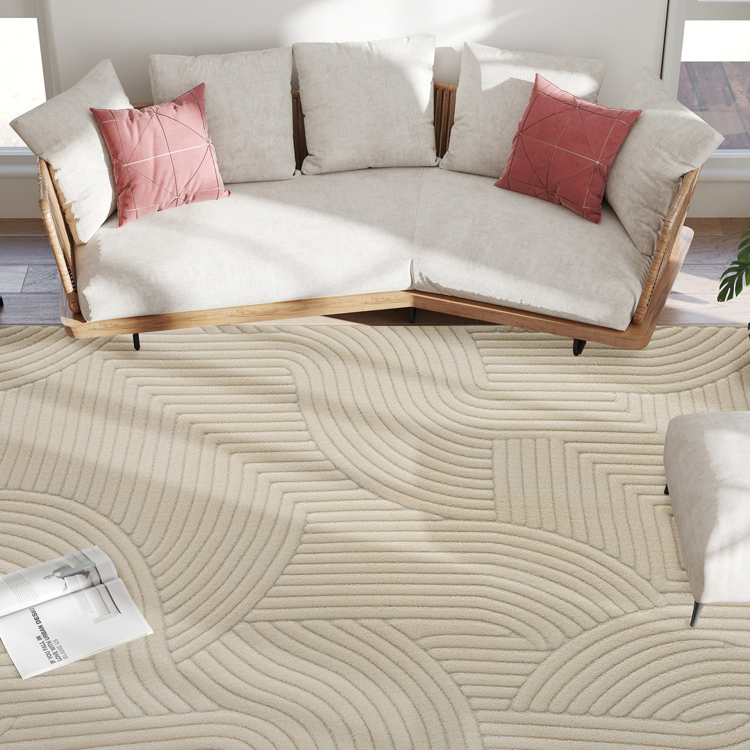 Modern Geometric Rug, Thick Plush, Non-Slip, 160 x 120 cm, Cream, Livi