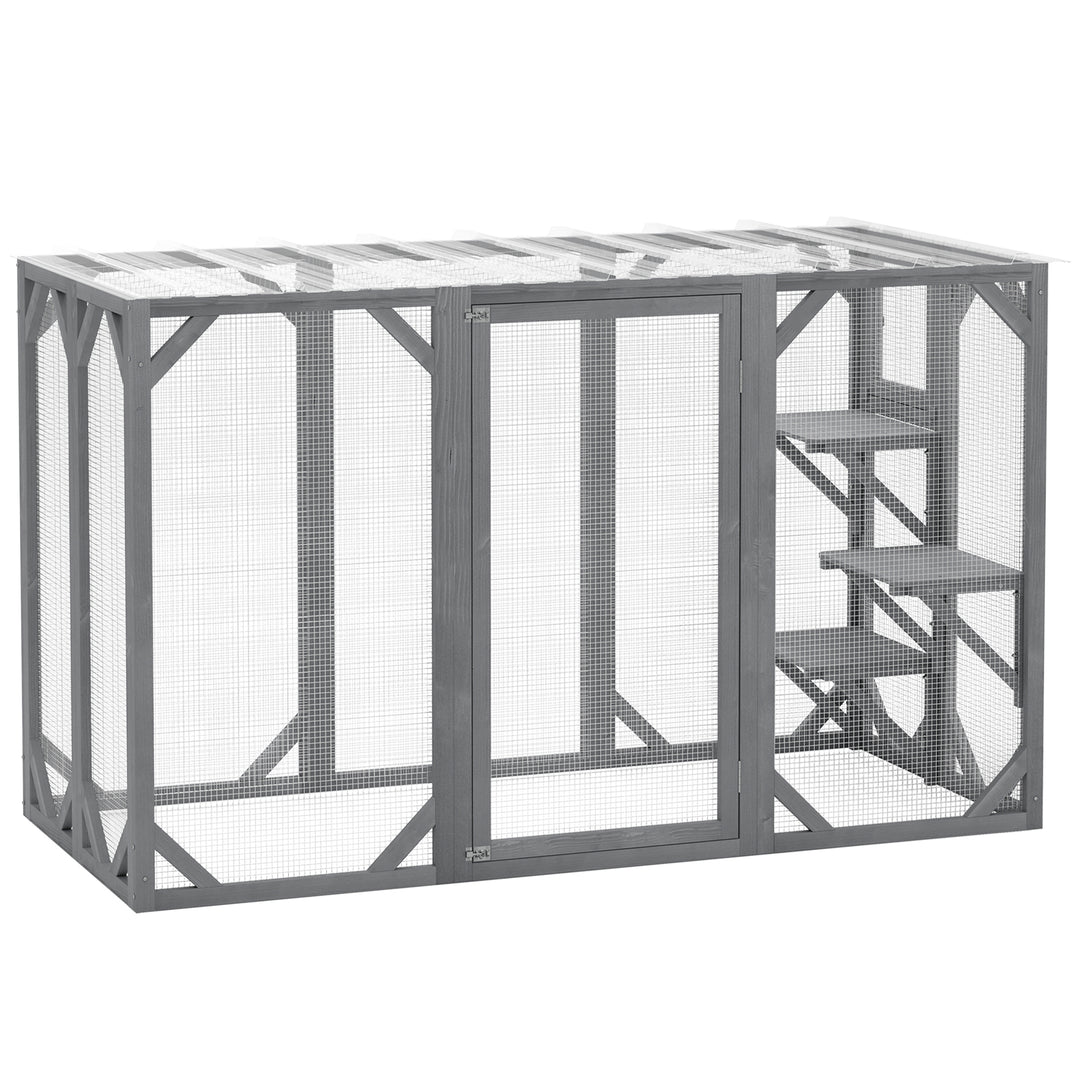 71" Outdoor Wooden Cat House with Three Platforms, Large Door, Water-Resistant Roof, for Multiple Cats, Grey