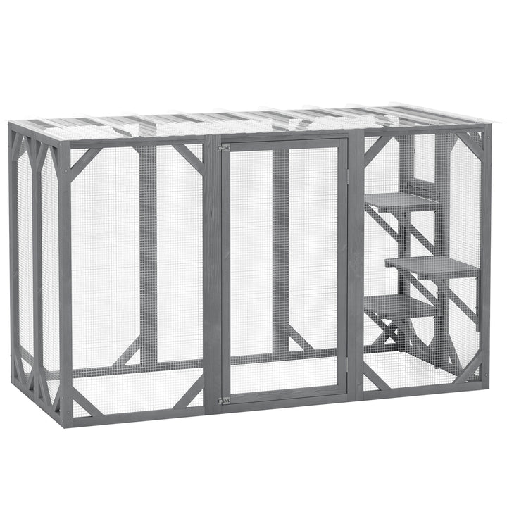 71" Outdoor Wooden Cat House with Three Platforms, Large Door, Water-Resistant Roof, for Multiple Cats, Grey