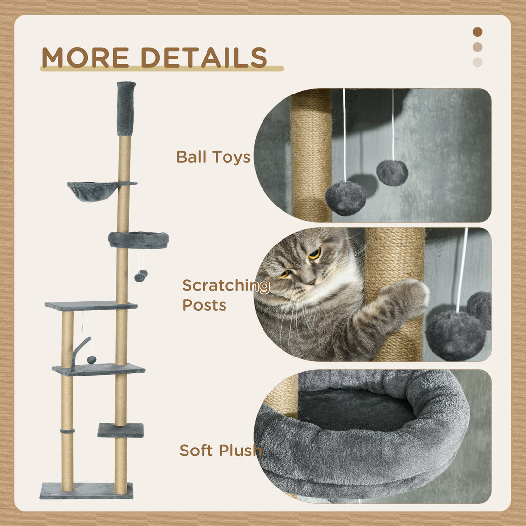 PawHut Floor to Ceiling Cat Tree, 6-Tier Climbing Activity Centre with Scratching Post, Hammock, Adjustable Height 230-250cm, Grey | Aosom UK