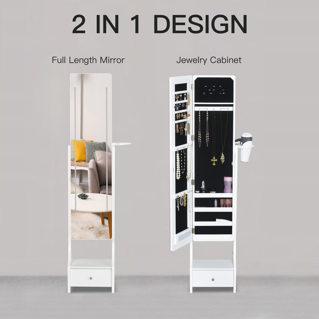 MCL Jewellery Cabinet, Full Length Mirror with Storage, Free Standing Mirror with LED Lights, Hooks, Drawer and Hairdryer Holder for Bedroom, White