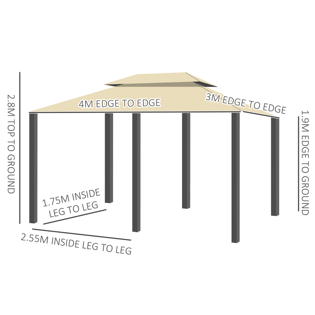 4m x 3(m)Garden Gazebo, Double Roof Outdoor Gazebo Canopy Shelter with Curtains, Solid Steel Frame for Lawn and Deck, Beige