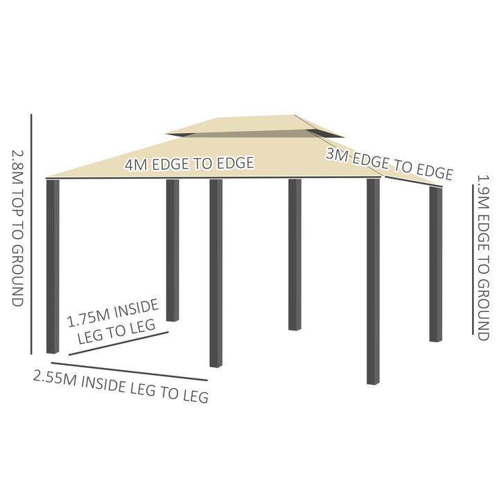 4m x 3(m)Garden Gazebo, Double Roof Outdoor Gazebo Canopy Shelter with Curtains, Solid Steel Frame for Lawn and Deck, Beige