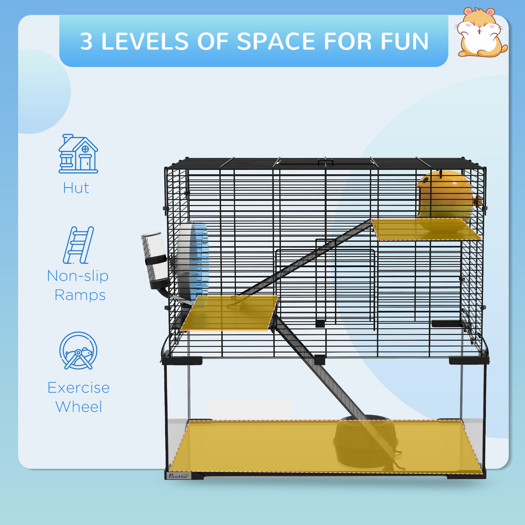3 Tiers Hamster Cage, Gerbil Cage with Deep Glass Bottom, Non-Slip Ramps, Platforms, Hut, Exercise Wheels, Water Bottle, Dish, for Syrian Hamster, Dwarf Hamster, 60 x 40 x 54.5cm