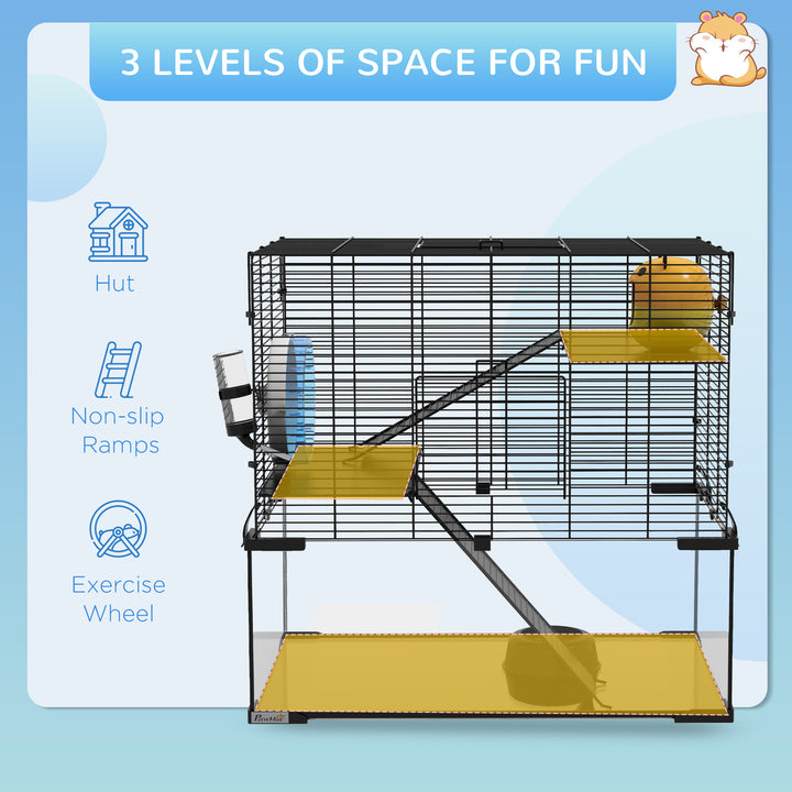 3 Tiers Hamster Cage, Gerbil Cage with Deep Glass Bottom, Non-Slip Ramps, Platforms, Hut, Exercise Wheels, Water Bottle, Dish, for Syrian Hamster, Dwarf Hamster, 60 x 40 x 54.5cm