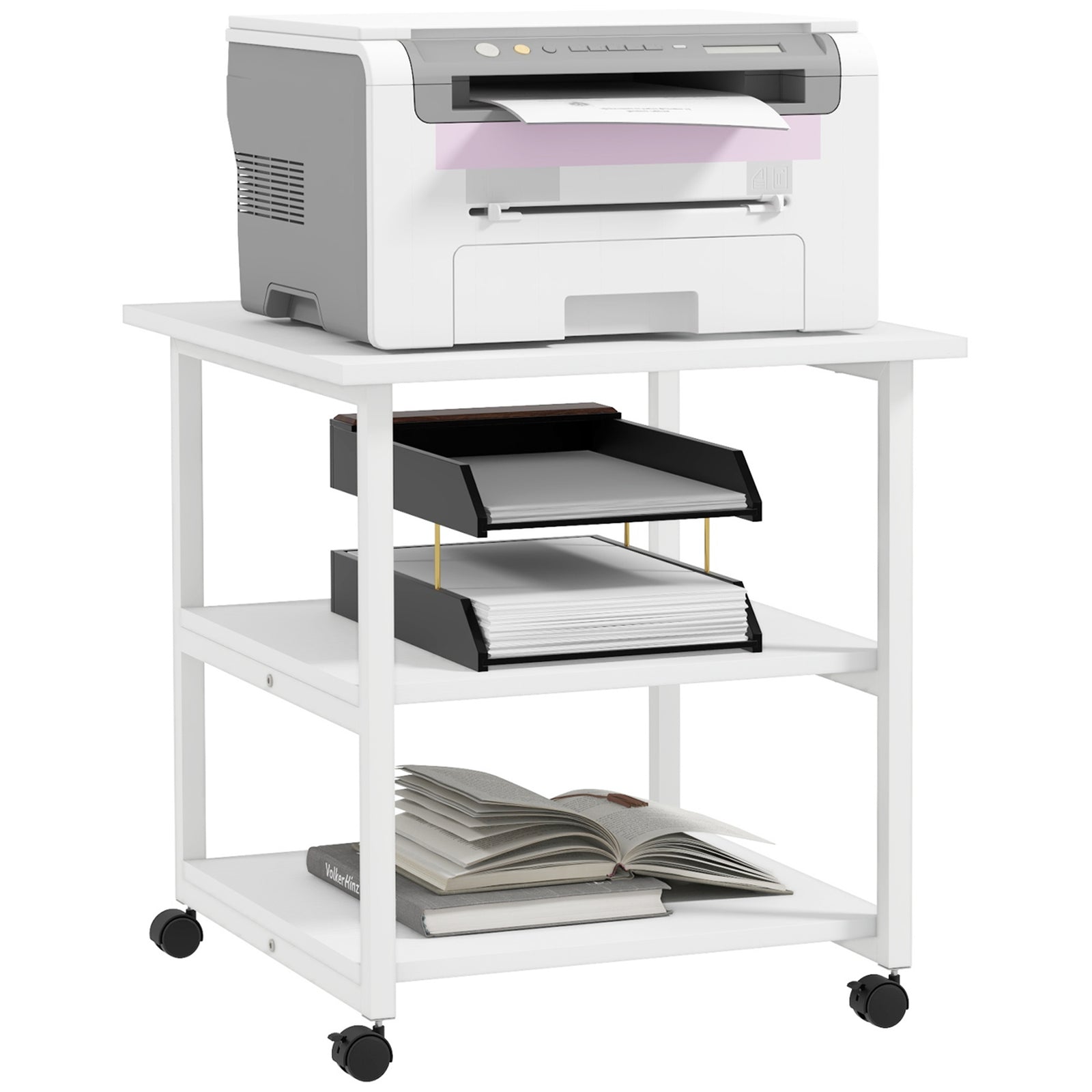 Three-Tier Steel Printer Stand, with Wheels - White