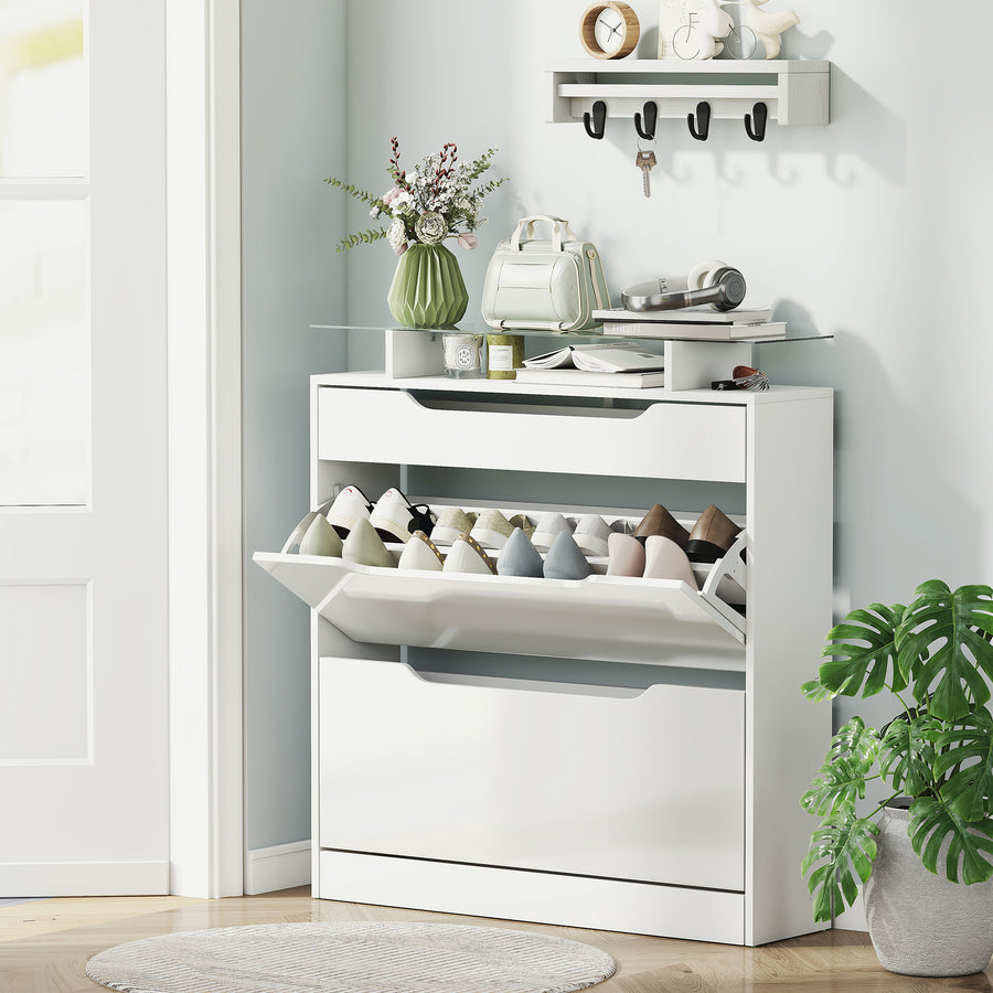 Shoe Storage Cabinet with Slide Out Drawer, 2 Flip Doors, Tempered Glass Top - White