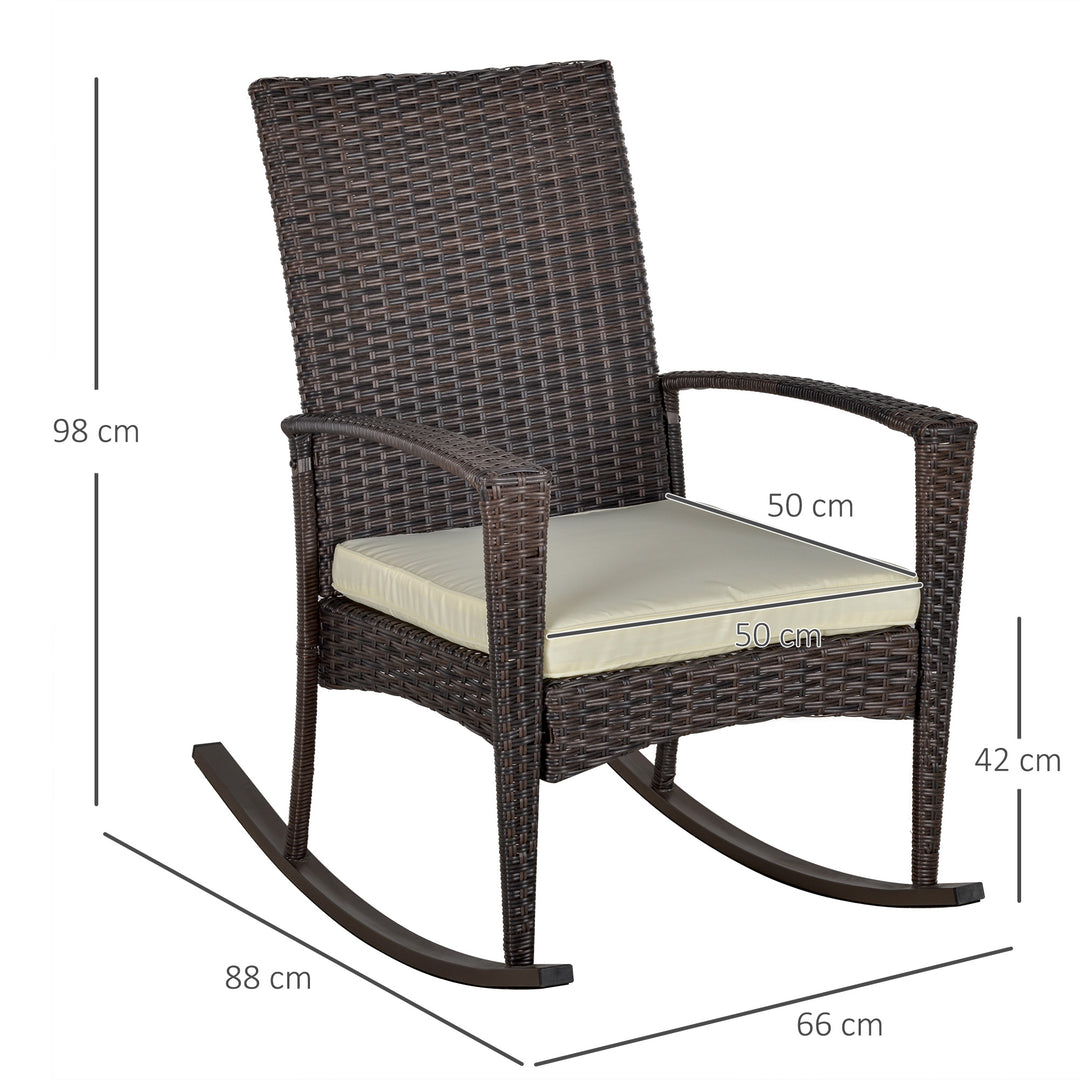 PE Rattan Garden Rocking Chair, Outdoor Rocking with Cushion, 160 KG Capacity Wicker Garden Armchair Rocker with Metal Frame for Patio, Porch, Balcony, Brown