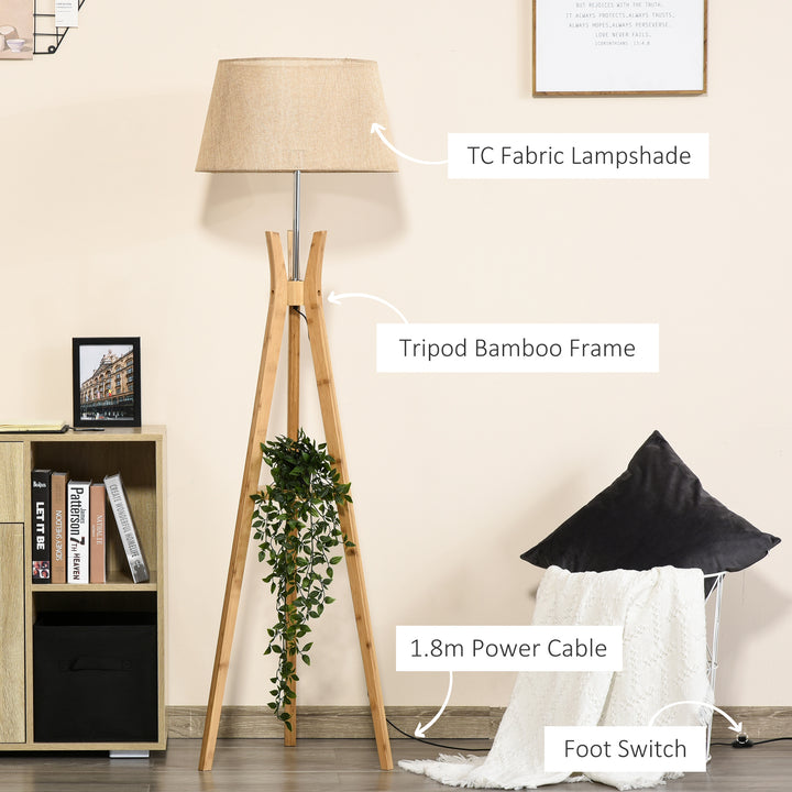HOMCOM Tripod Floor Lamp Light E27 Base Bedroom Living Room Natural Wood Fabric Shade Storage Shelf Foot Switch, 156cm, Beige