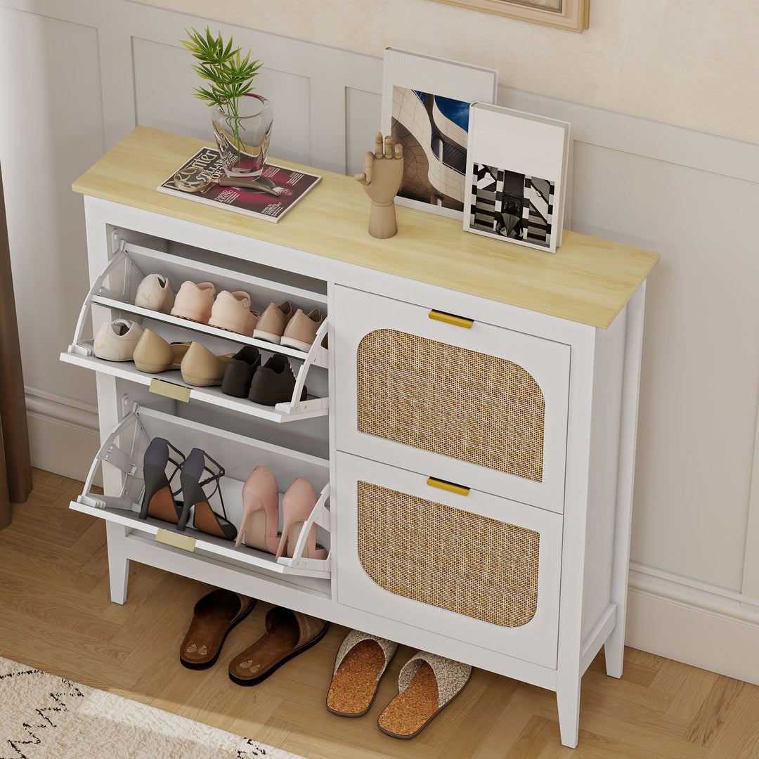 Narrow Shoe Cabinet, Boho Slim Shoe Storage Cabinet with 4 Flip Drawer