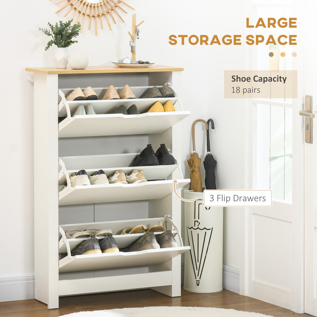 Slim Shoe Cabinet, Narrow Shoe Cupboard with 3 Flip Drawers, Adjustable Shelves for 18 Pairs of Shoes for Hallway, White