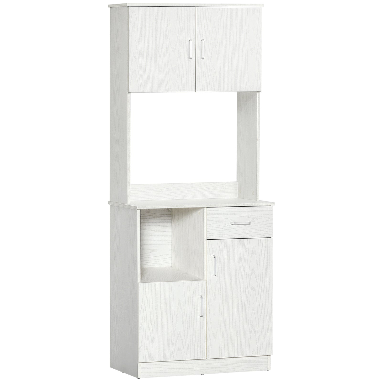Freestanding Kitchen Cupboard, Modern Kitchen Storage Cabinet with Doors, Microwave Counter and Adjustable Shelves, White
