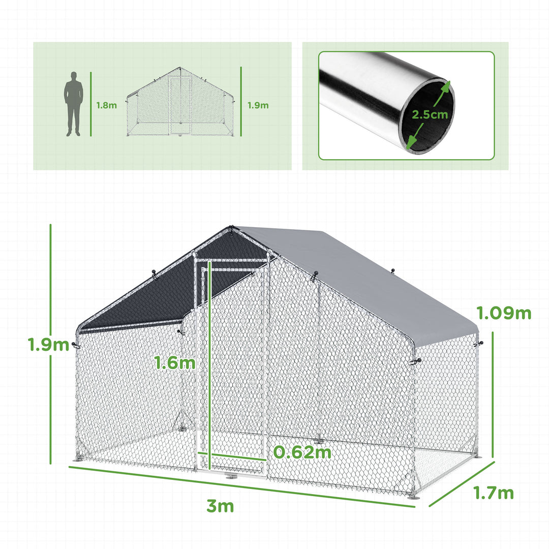 Large Chicken Coop, Galvanised Walk In Chicken Coop Hen House w/ Water-Resist Cover, 3 x 1.7 x 1.9m