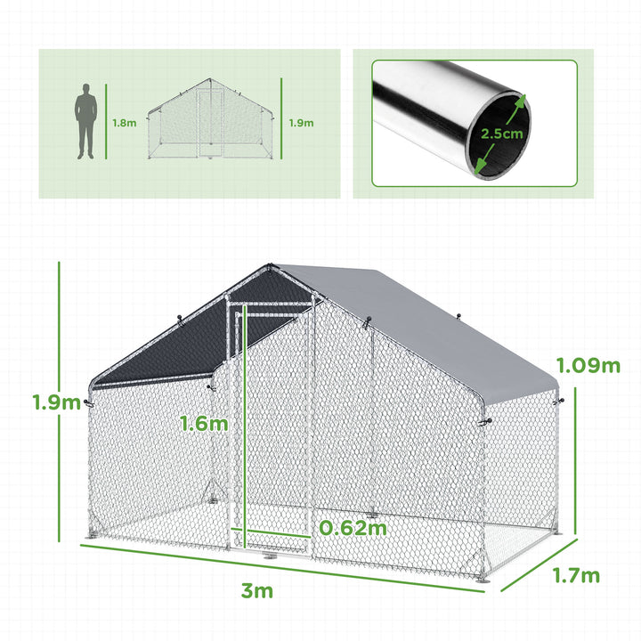 Large Chicken Coop, Galvanised Walk In Chicken Coop Hen House w/ Water-Resist Cover, 3 x 1.7 x 1.9m