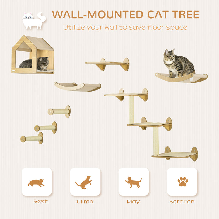 PawHut 8PCs Cat Shelves Set, Cat Wall Furniture with Condo, 3 Perches, 3 Scratching Posts, Steps, Wall Mounted Cat Tree for Indoor Cats, Beige