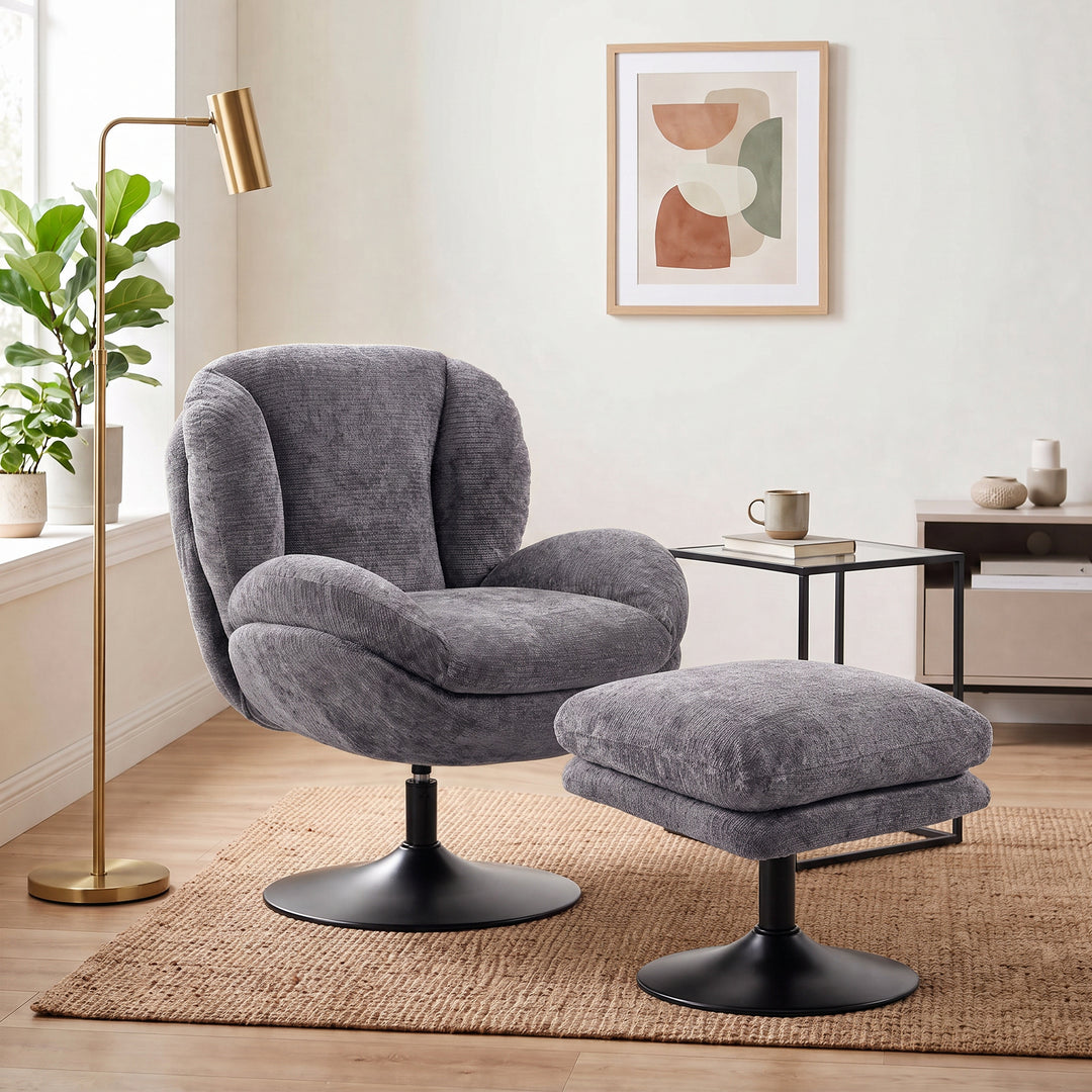 Modern Chenille Lazy Chair with Ottoman, 360° Swivel, Upholstered - view 2