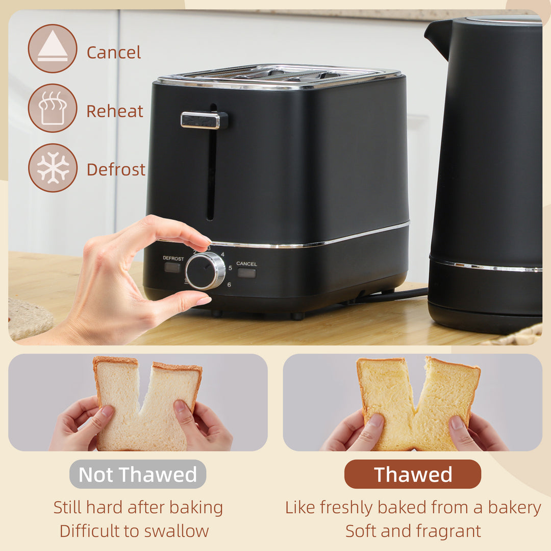 Kettle and Toaster Set, 1.7L 3000W Fast Boil Kettle & 2 Slice Toaster Kitchen Set with 6 Level Browning Controls, Defrost, Reheat, Black