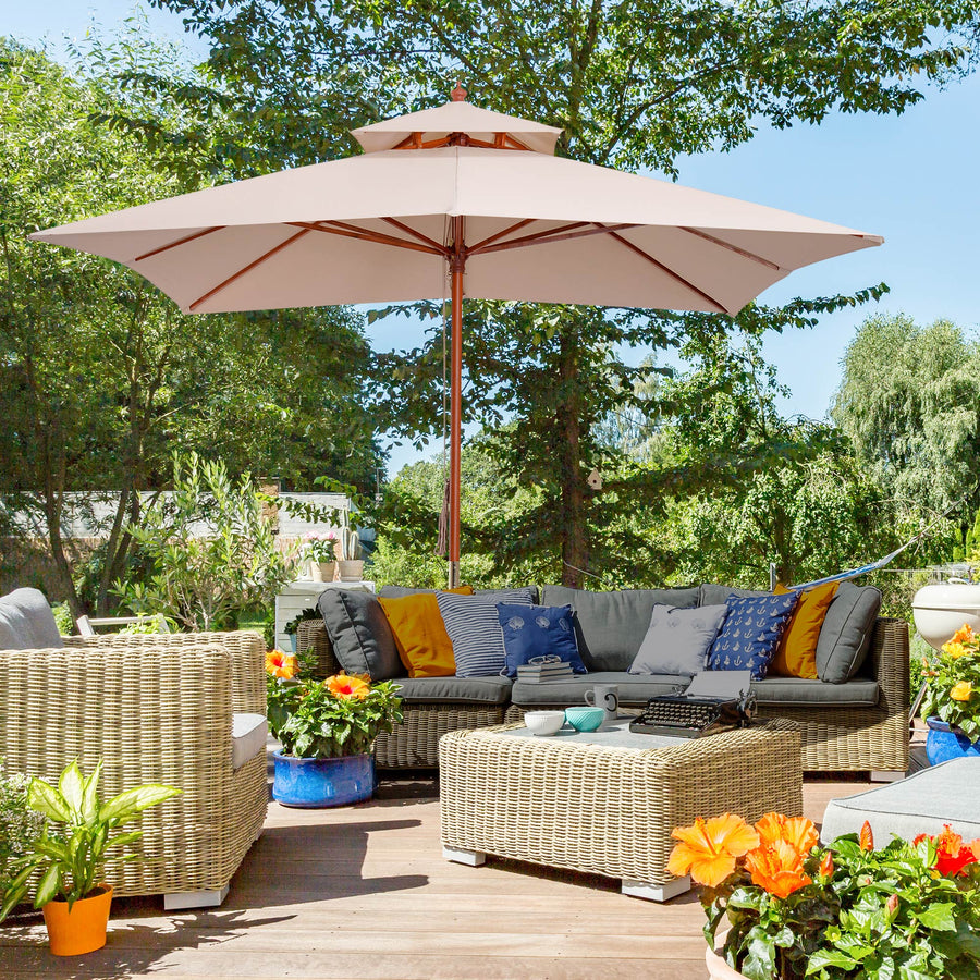 3 x 3 metre Patio Parasol Garden Umbrellas Sunshade Outdoor Wooden Parasol Canopy Double Tier, Beige, BASE NOT INCLUDED