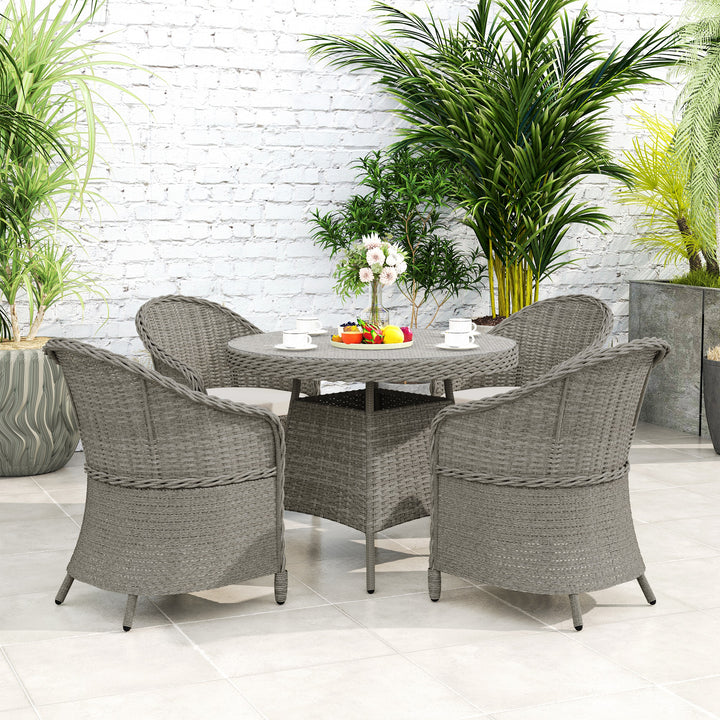 4 Seater Rattan Garden Furniture Set with Cushions, Round PE Rattan Dining Set with Glass-Top Table, Umbrella Hole, Outdoor Garden Table and Chairs, Grey