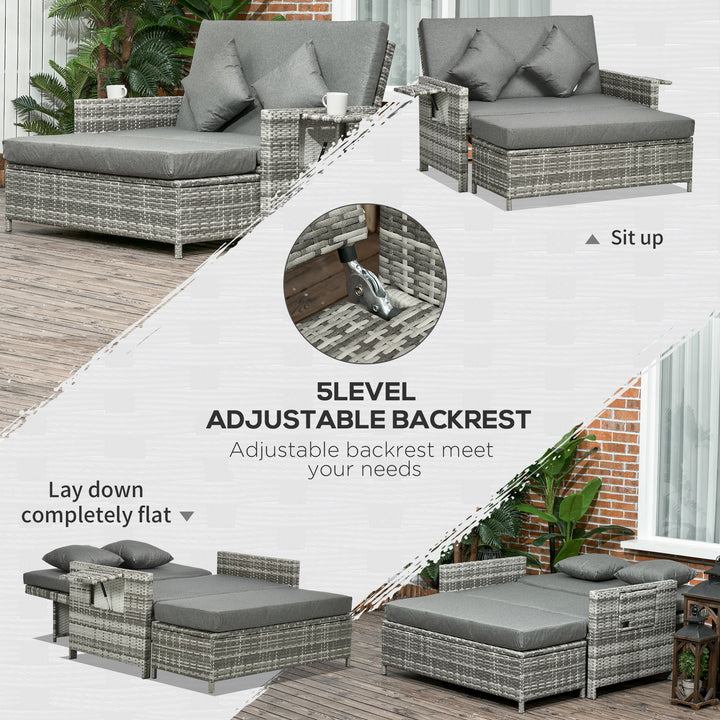 Rattan Garden Daybed, Assembled Double Sun Lounger with 5-Level Adjustable Back, Storage Ottoman, Cushions, Pillows and Retractable Trays, Outdoor Loveseat Sofa Bed for Patio, Mixed Grey