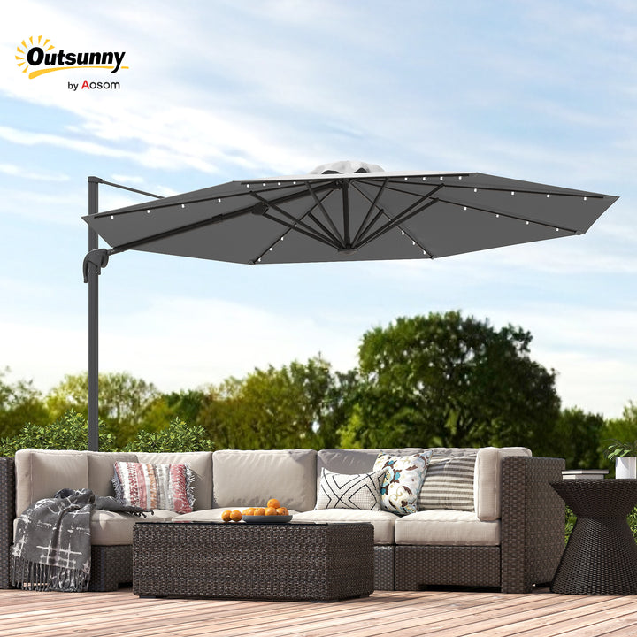 MCL 3(m) Cantilever Roma Parasol Patio Sun Umbrella with Crank & Tilt LED Solar Light Cross Base 360° Rotating Outdoor, Dark Grey