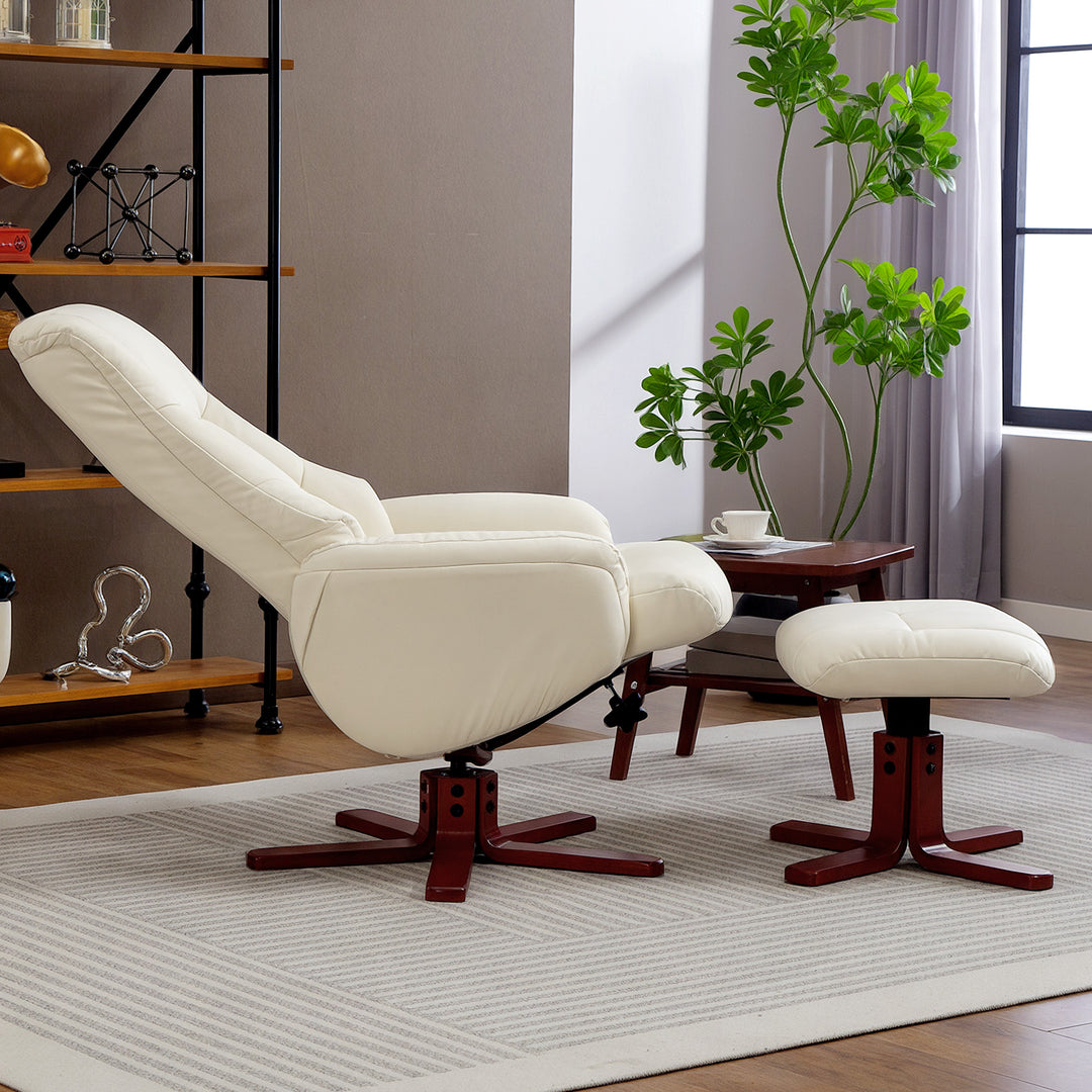 HOMCOM Rocking Recliner Chair with Footstool, PU Leather Recliner Armchair with Wood Base, Upholstered Reclining Chair for Living Room Bedroom, Cream