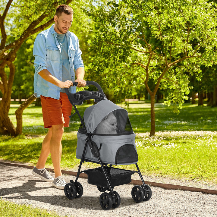 PawHut No-Zip Pet Stroller Dog Cat Travel Pushchair One-Click Fold Trolley Jogger w/ EVA Wheels Brake Basket Adjustable Canopy, Grey | Aosom UK