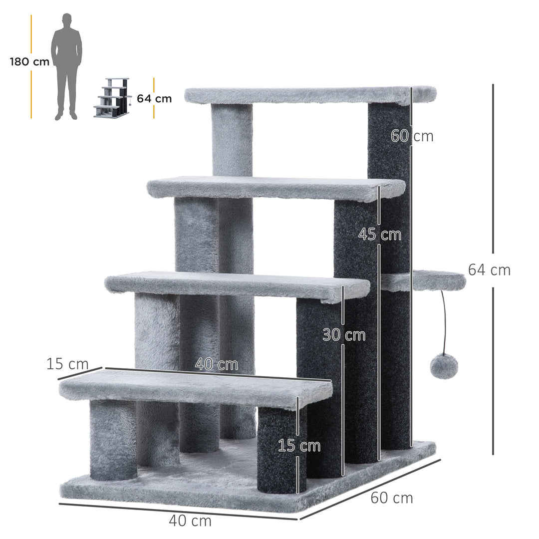 PawHut 4-step Pet Stairs with Scratching Posts, Platforms, Toy Ball, Grey