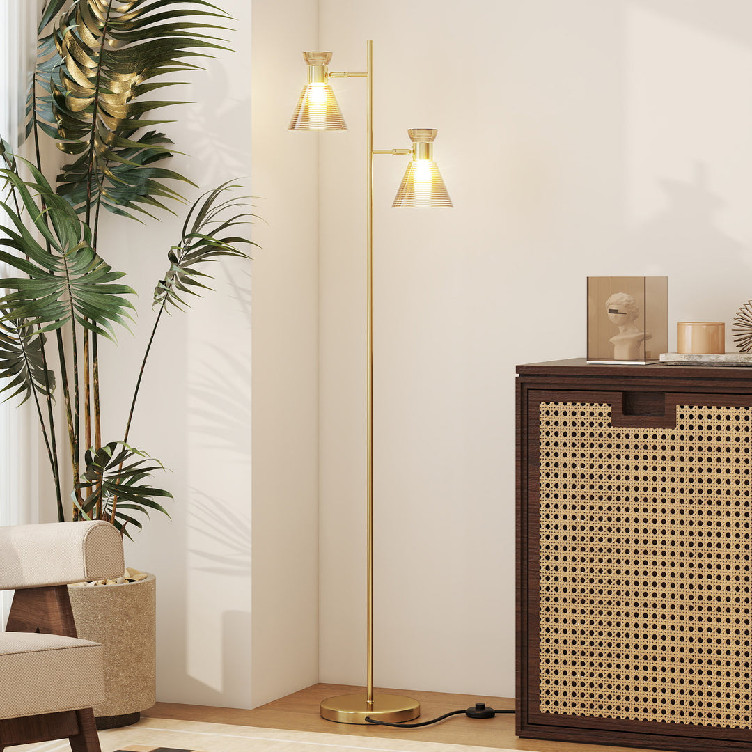 MCL Floor Lamp with Adjustable Dual Head, Modern Standing Lamp with Floral Glass Shades and Foot Switch for Living Room Bedroom, E27 Socket, Bulb Not Included, Gold Tone