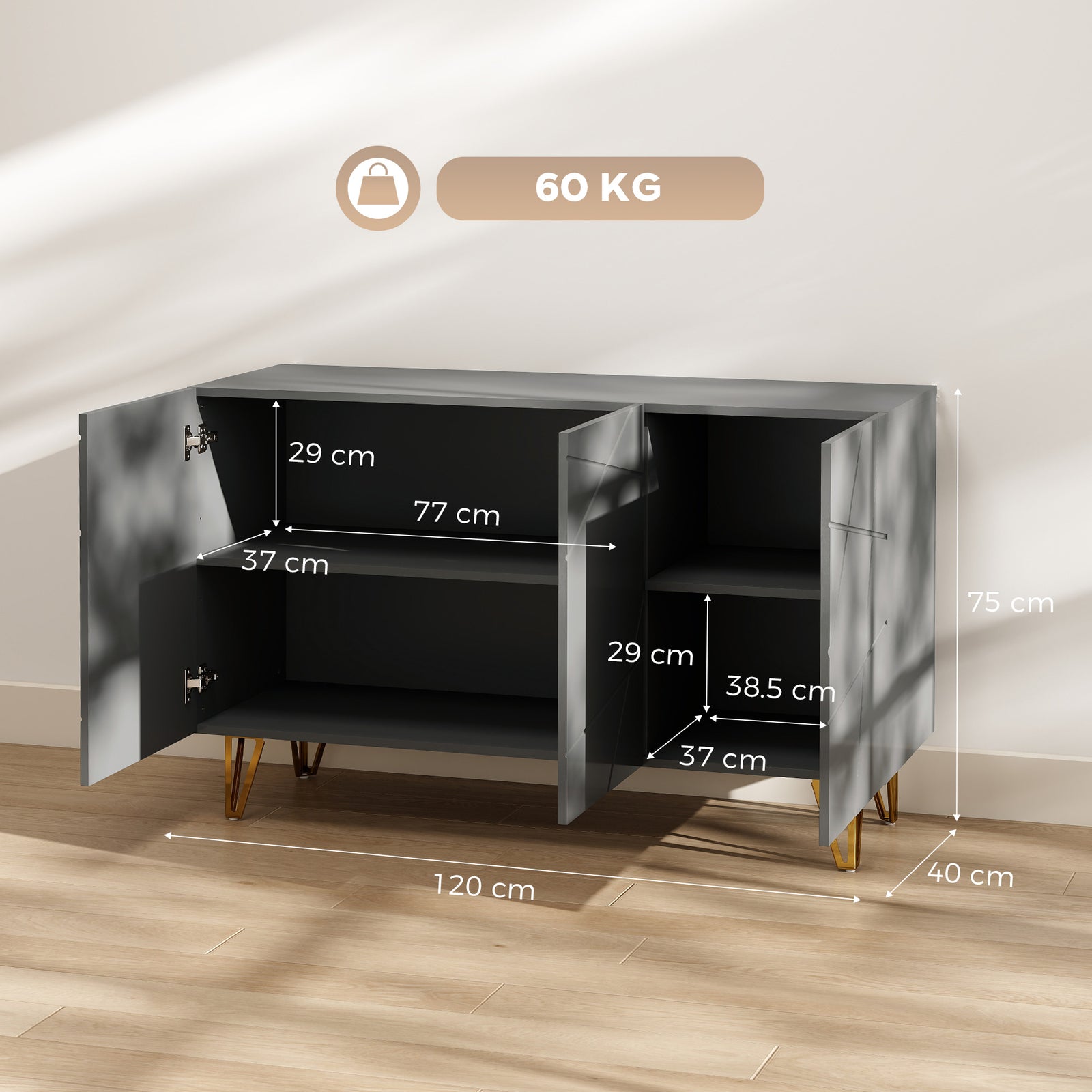 Modern Luxe High Gloss Sideboard, with Hairpin Legs, Grey