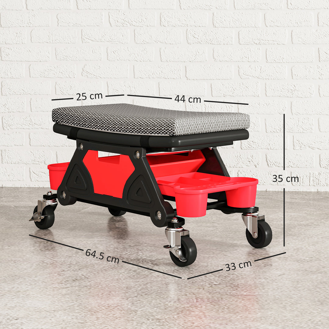 Rolling Mechanic Stool, 135kg Capacity Workshop Stool, 360° Swivel Roller Padded Creeper Seat with Wheels, Slide Out Tool Trays and Drawer for Garage, Shop, Auto Repair, Black