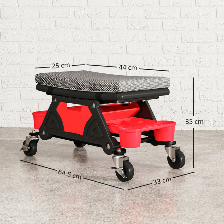 Rolling Mechanic Stool, 135kg Capacity Workshop Stool, 360° Swivel Roller Padded Creeper Seat with Wheels, Slide Out Tool Trays and Drawer for Garage, Shop, Auto Repair, Black